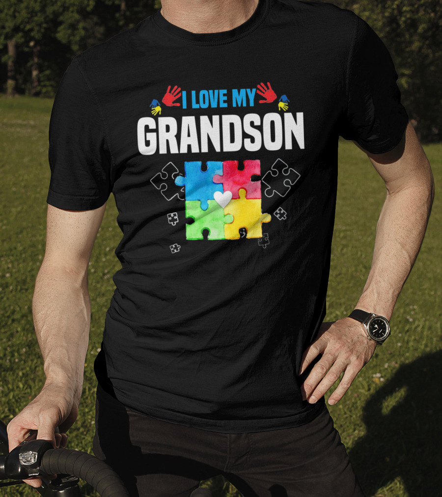I Love My Grandson Autism Awareness Puzzle Pieces And Colorful Handprints T-Shirt
