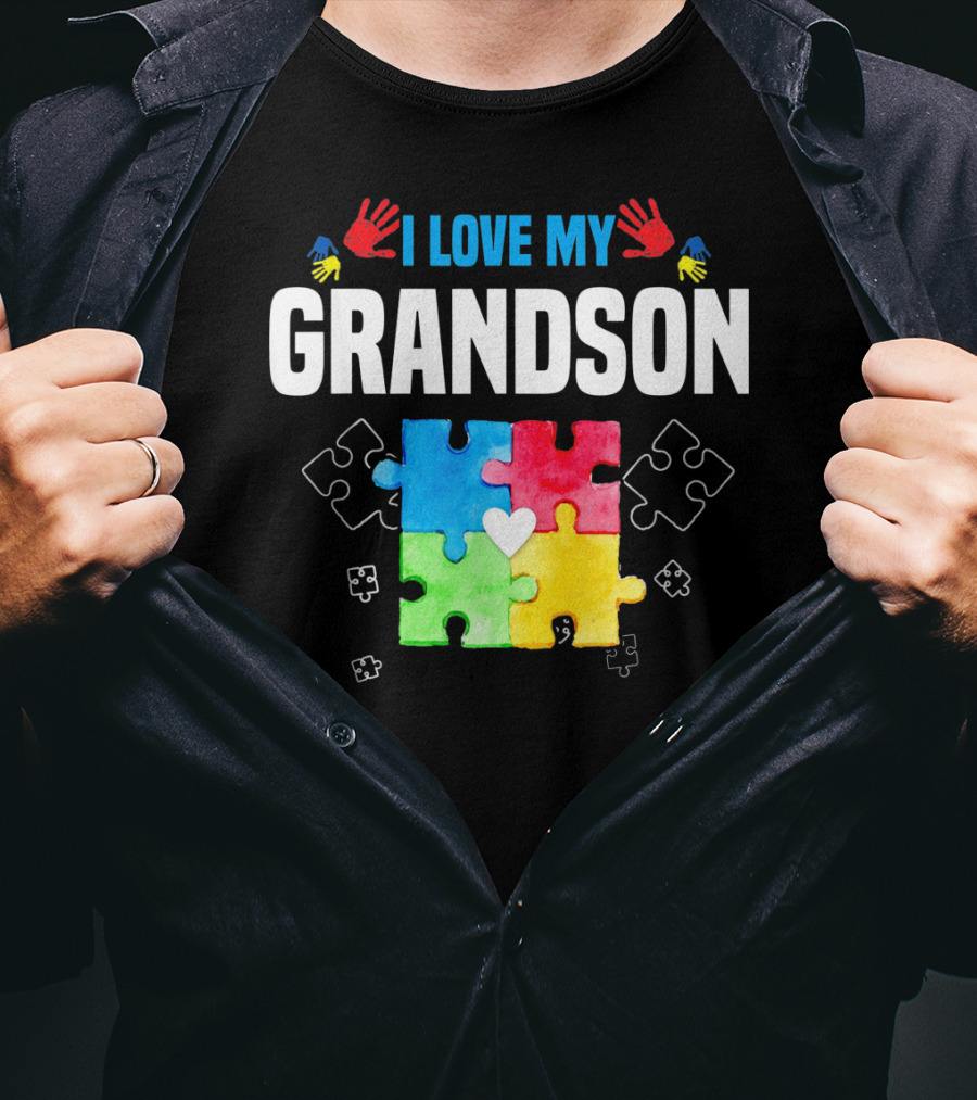 I Love My Grandson Autism Awareness Puzzle Pieces And Colorful Handprints T-Shirt