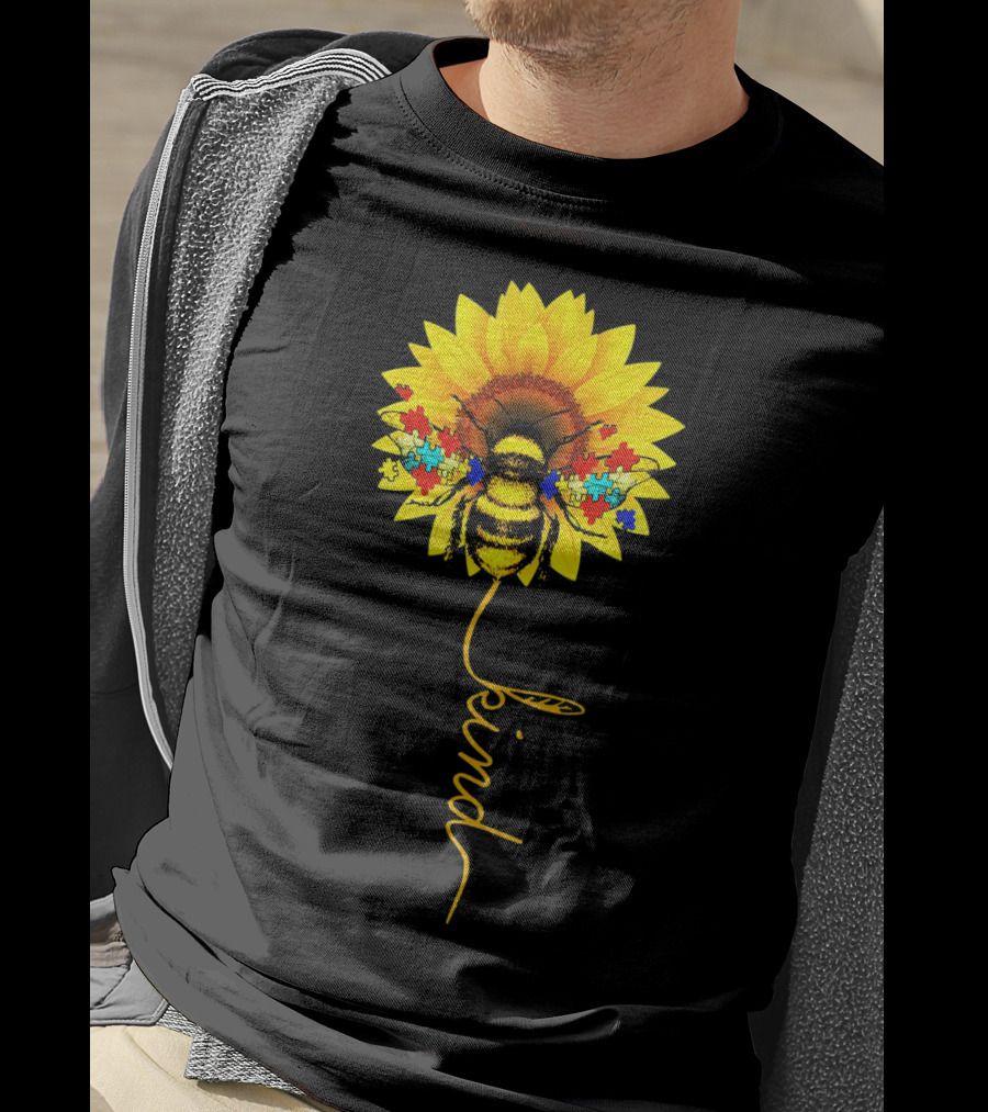 Bee Kind Autism Awareness Sunflower Puzzle T-Shirt