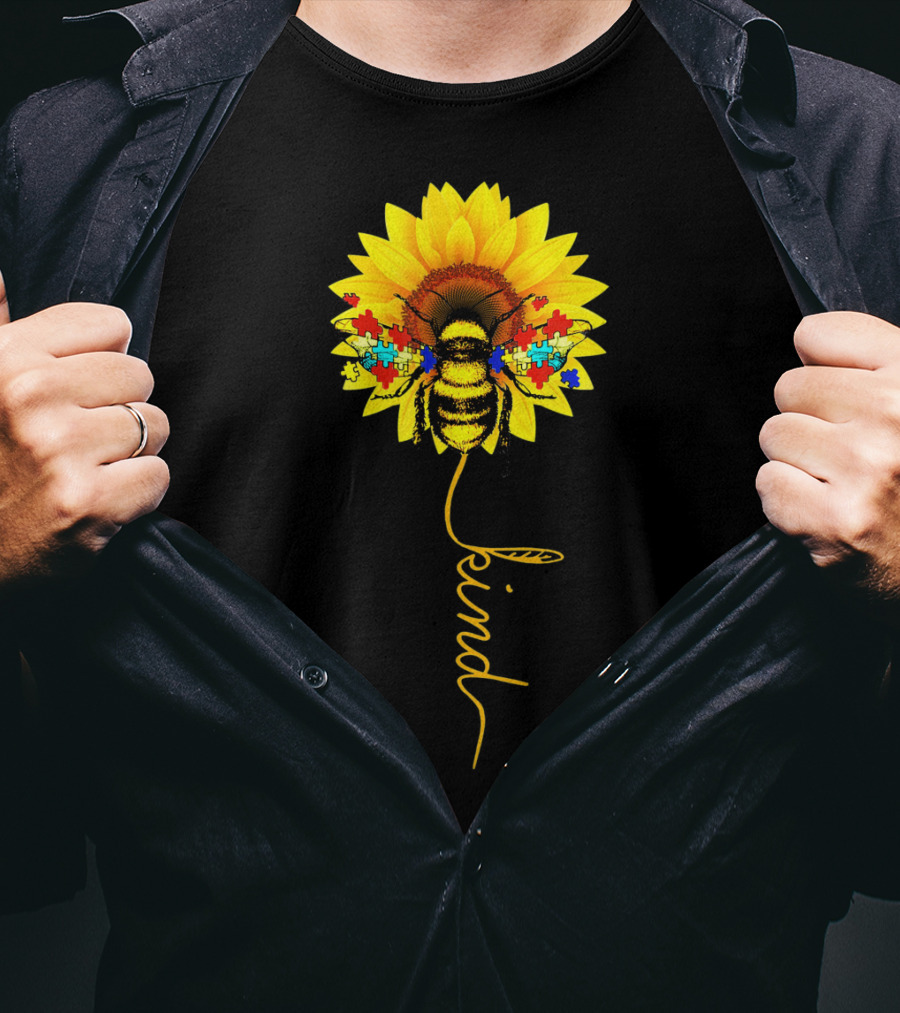 Bee Kind Autism Awareness Sunflower Puzzle T-Shirt