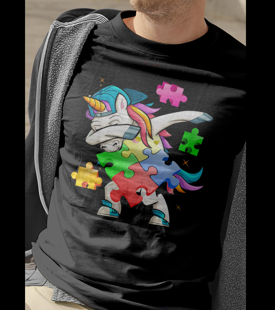 Autism Awareness Dabbing Unicorn Rainbow Puzzle Pieces T-Shirt