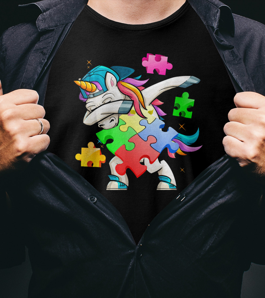 Autism Awareness Dabbing Unicorn Rainbow Puzzle Pieces T-Shirt