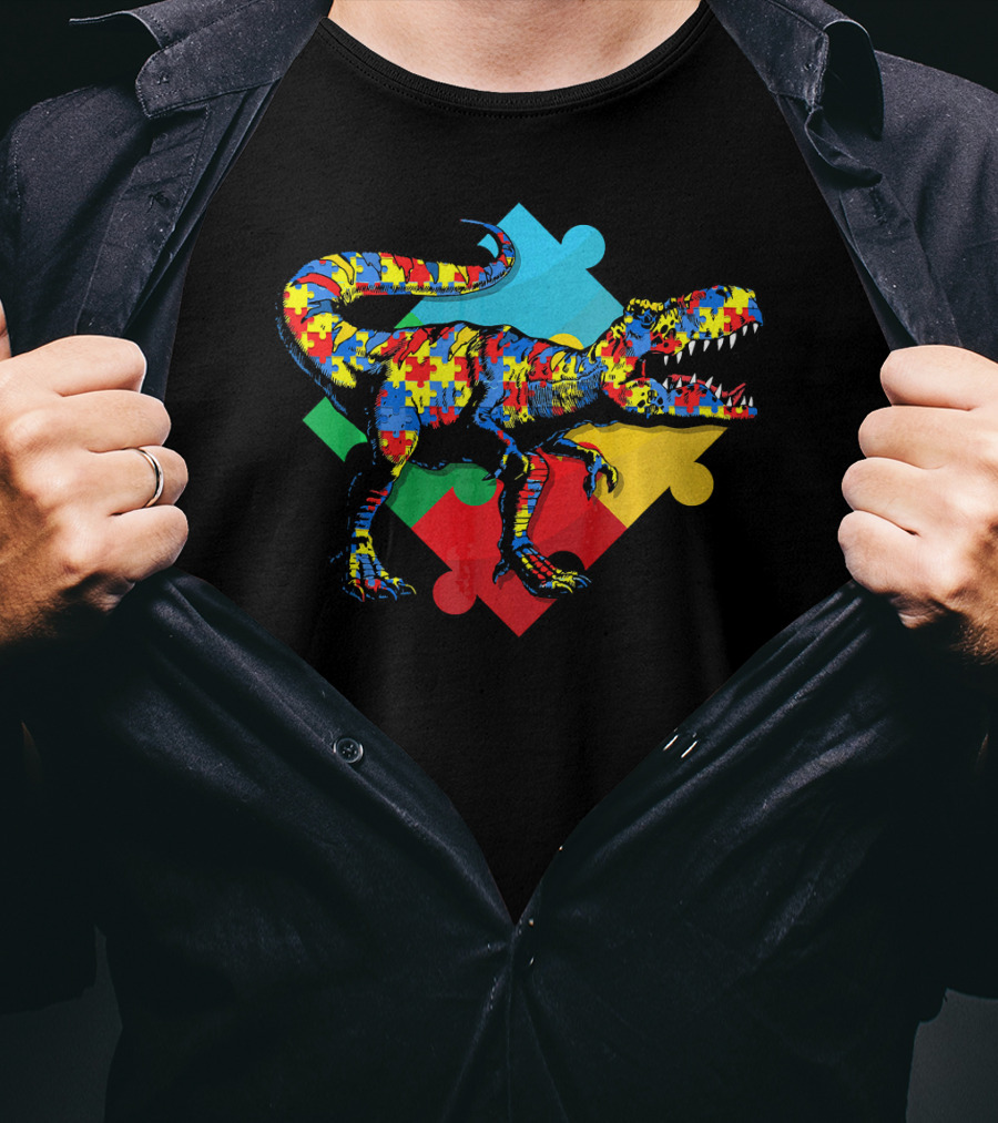 Autism Awareness Dinosaur Puzzle Piece Rex T-Shirt