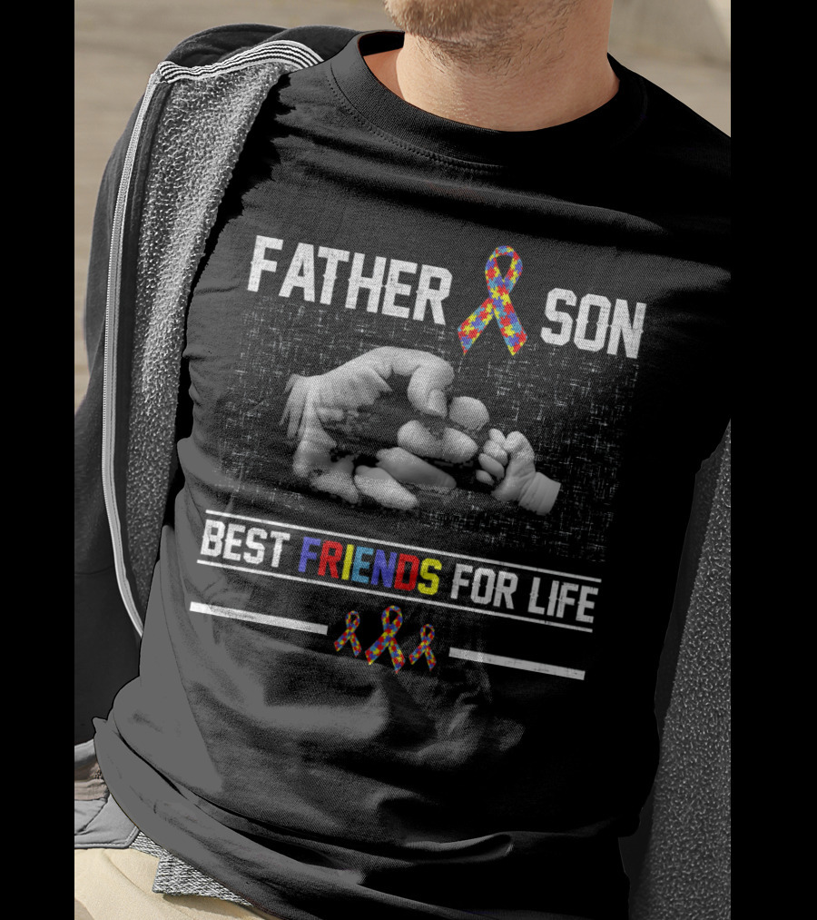 Father Son Best Friends For Life Autism Awareness Ribbon Fist Bump T-Shirt