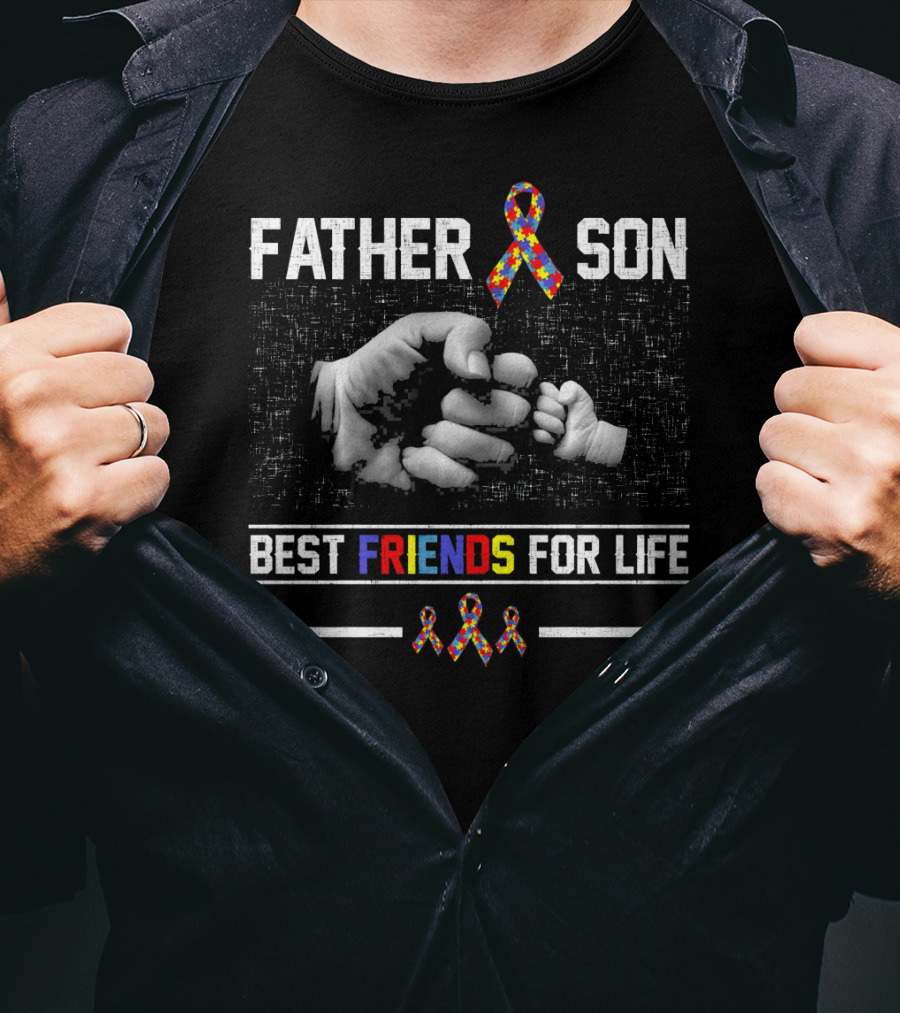 Father Son Best Friends For Life Autism Awareness Ribbon Fist Bump T-Shirt