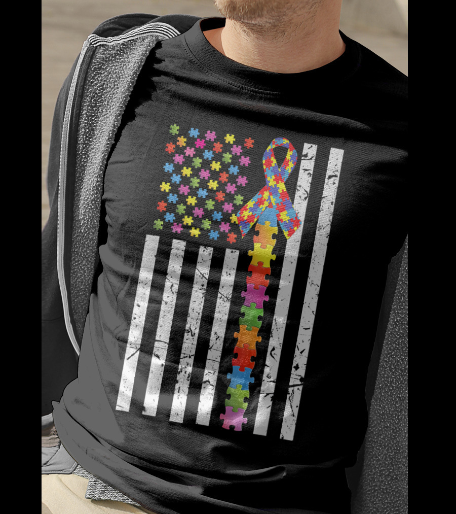 Autism Awareness US Flag Puzzle Ribbon T-Shirt
