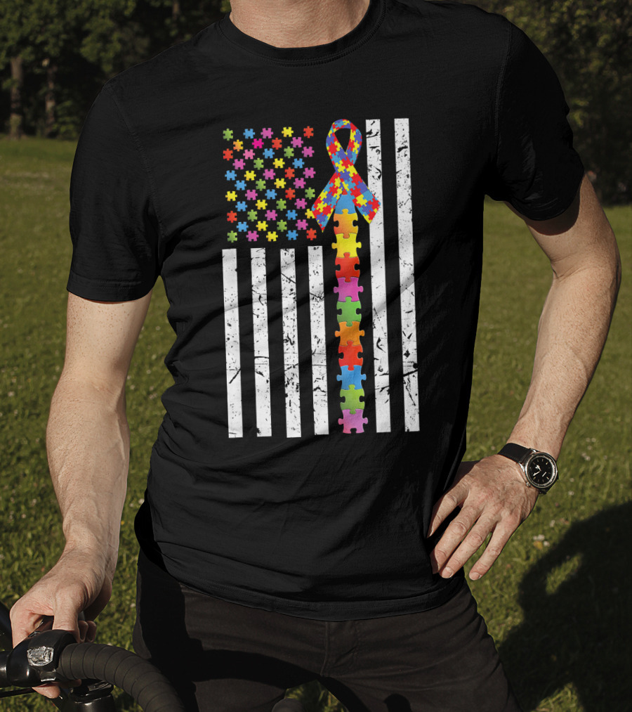 Autism Awareness US Flag Puzzle Ribbon T-Shirt