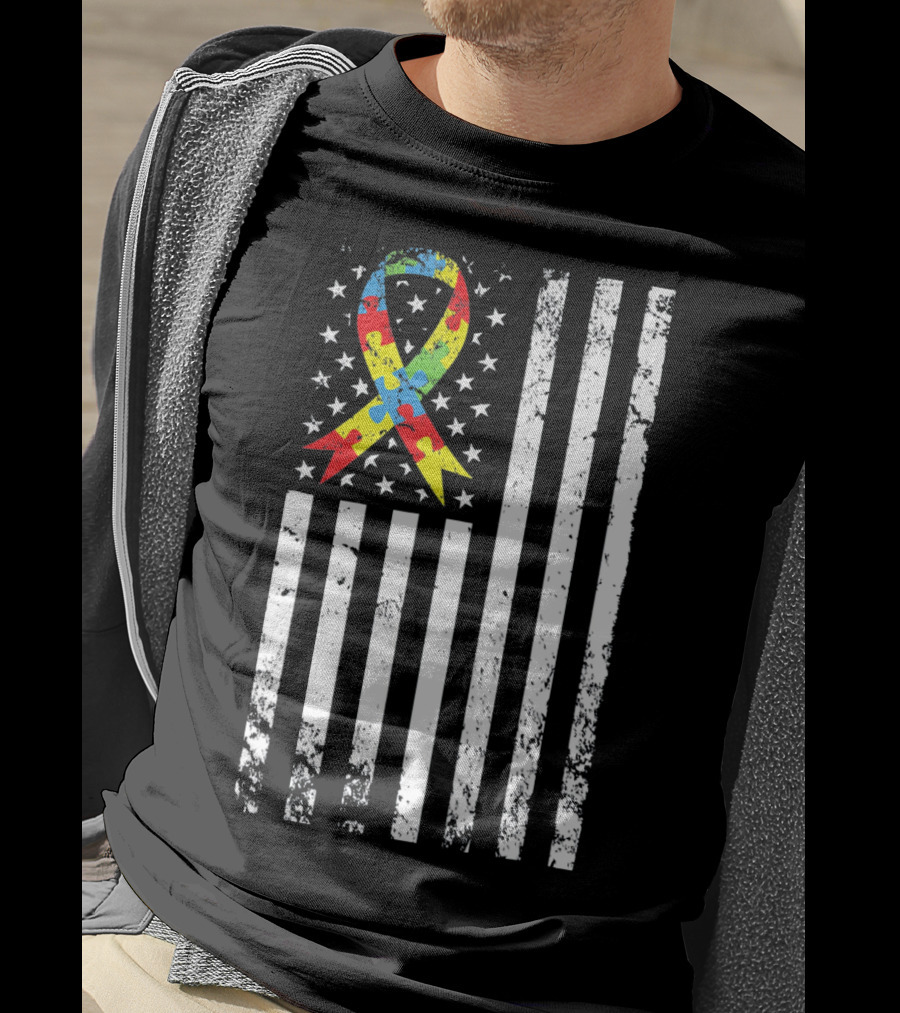 Vintage Autism Awareness Puzzle Ribbon US Flag T-Shirt