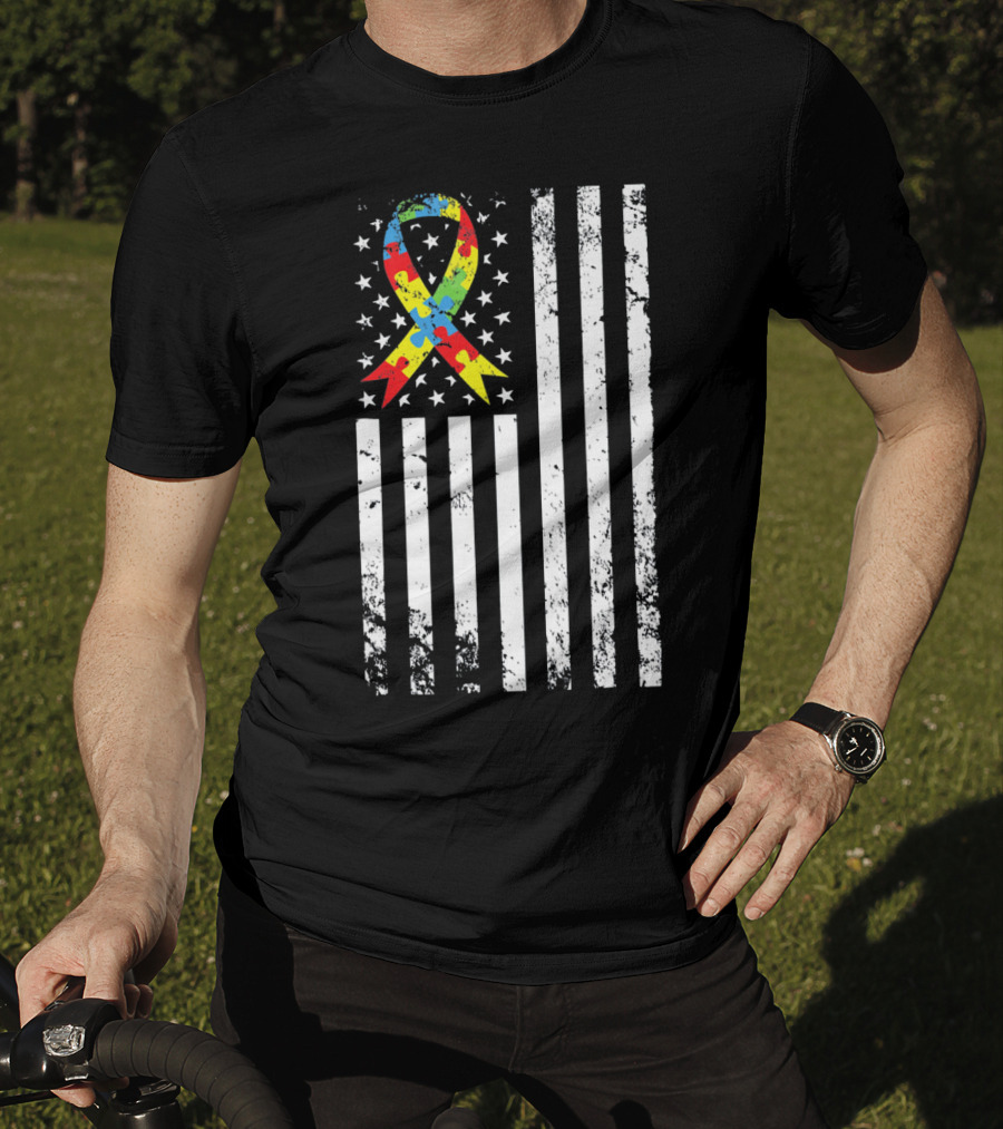 Vintage Autism Awareness Puzzle Ribbon US Flag T-Shirt