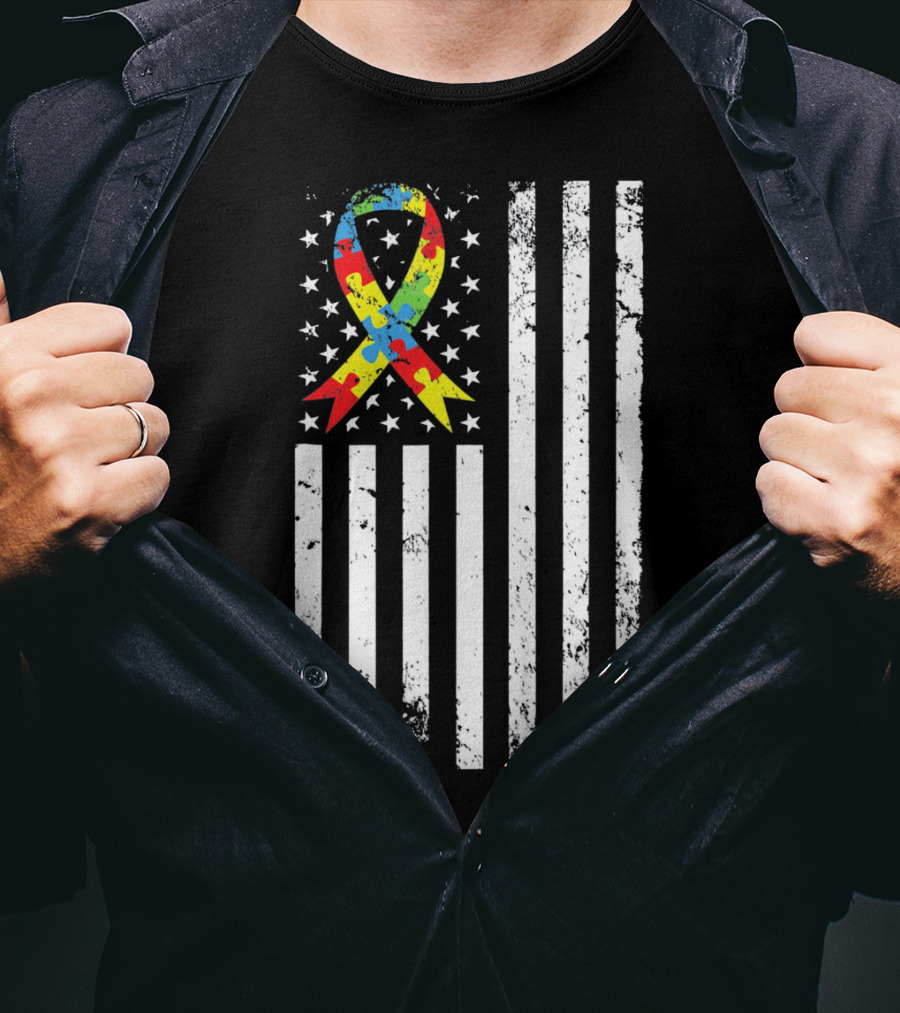 Vintage Autism Awareness Puzzle Ribbon US Flag T-Shirt