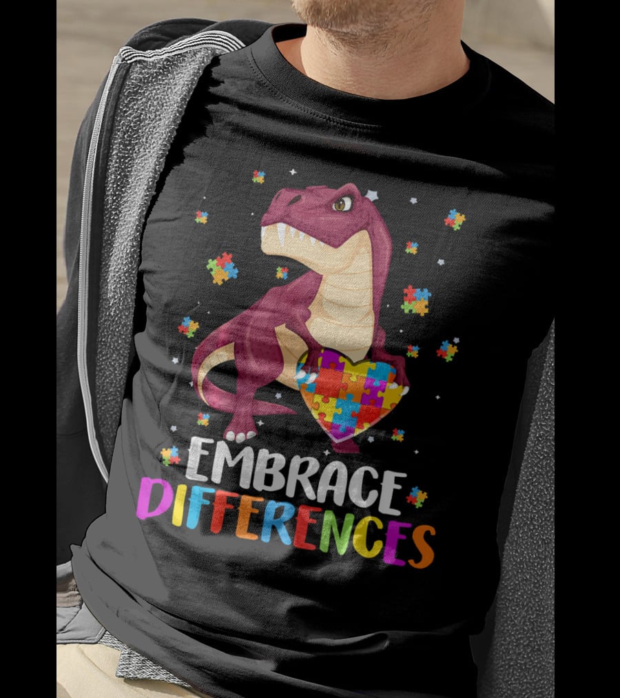 Embrace Differences Dinosaur Puzzle Pieces Autism Awareness T-Shirt