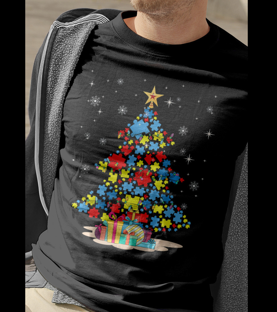 Puzzle Pieces Christmas Tree Autism Awareness Holiday T-Shirt