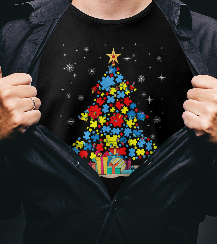 Puzzle Pieces Christmas Tree Autism Awareness Holiday T-Shirt