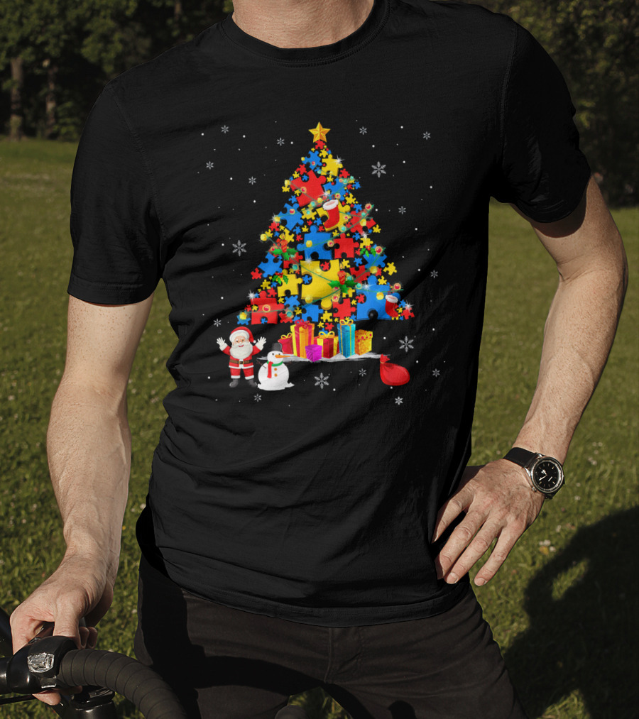 Christmas Trees Autism Awareness Santa Puzzle Snowflakes T-Shirt