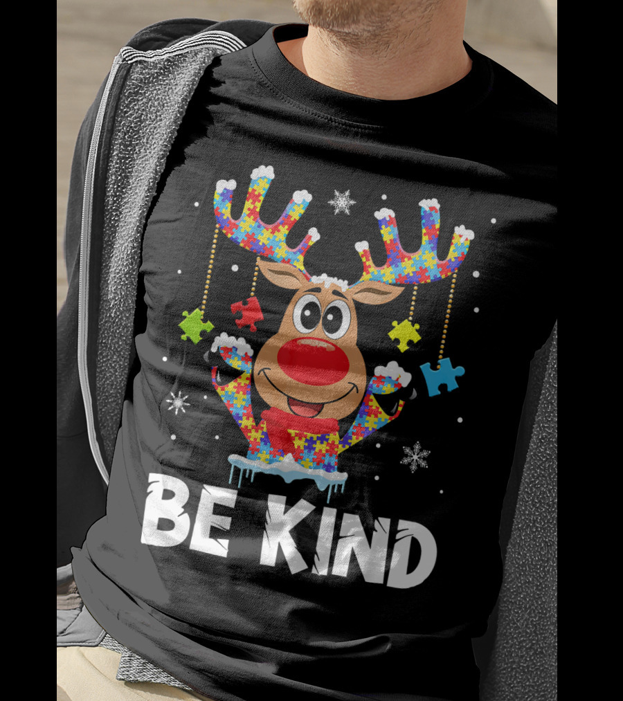 Be Kind Reindeer Puzzle Pieces Autism Awareness T-Shirt