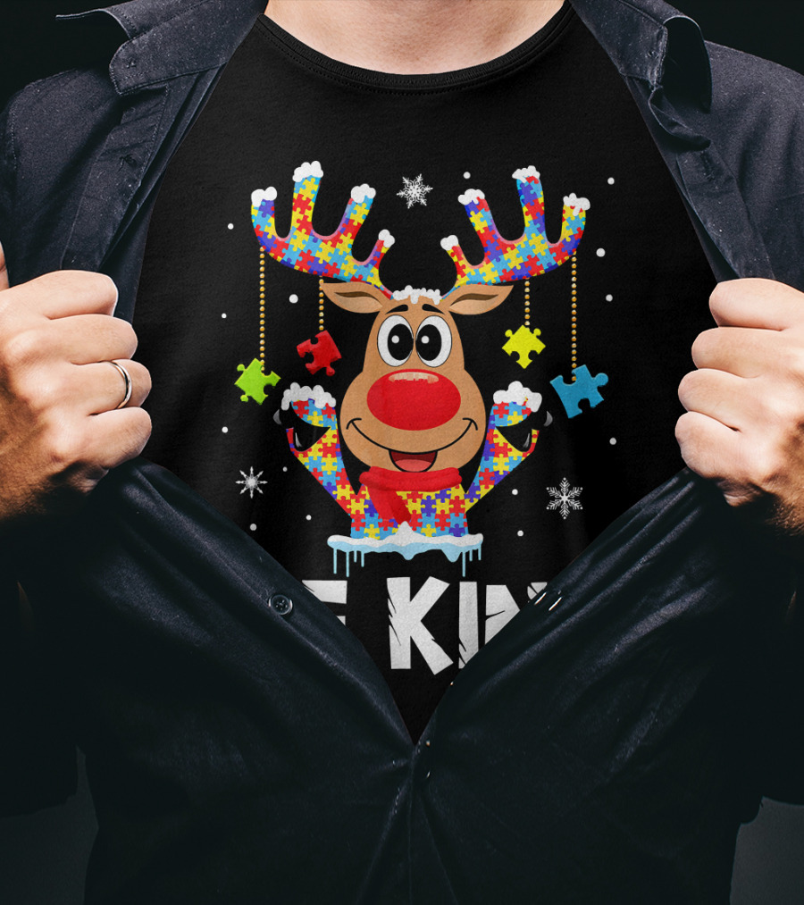 Be Kind Reindeer Puzzle Pieces Autism Awareness T-Shirt