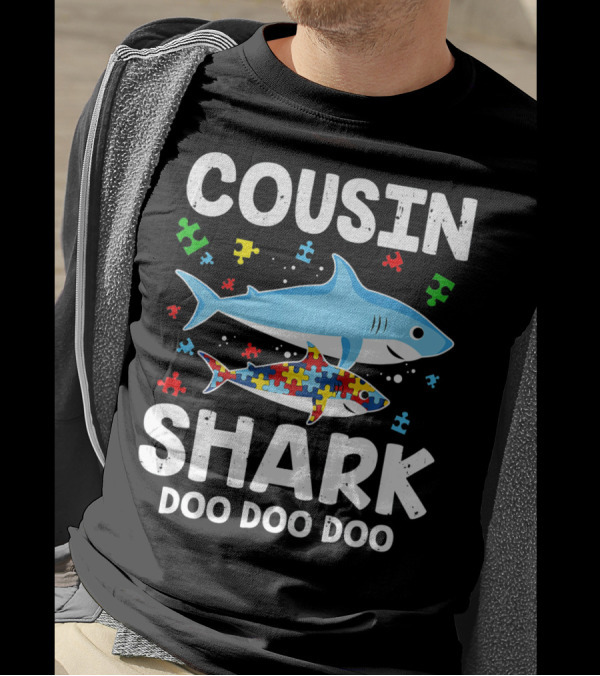 Cousin Shark Doo Doo Doo Autism Awareness Puzzle Pieces T-Shirt