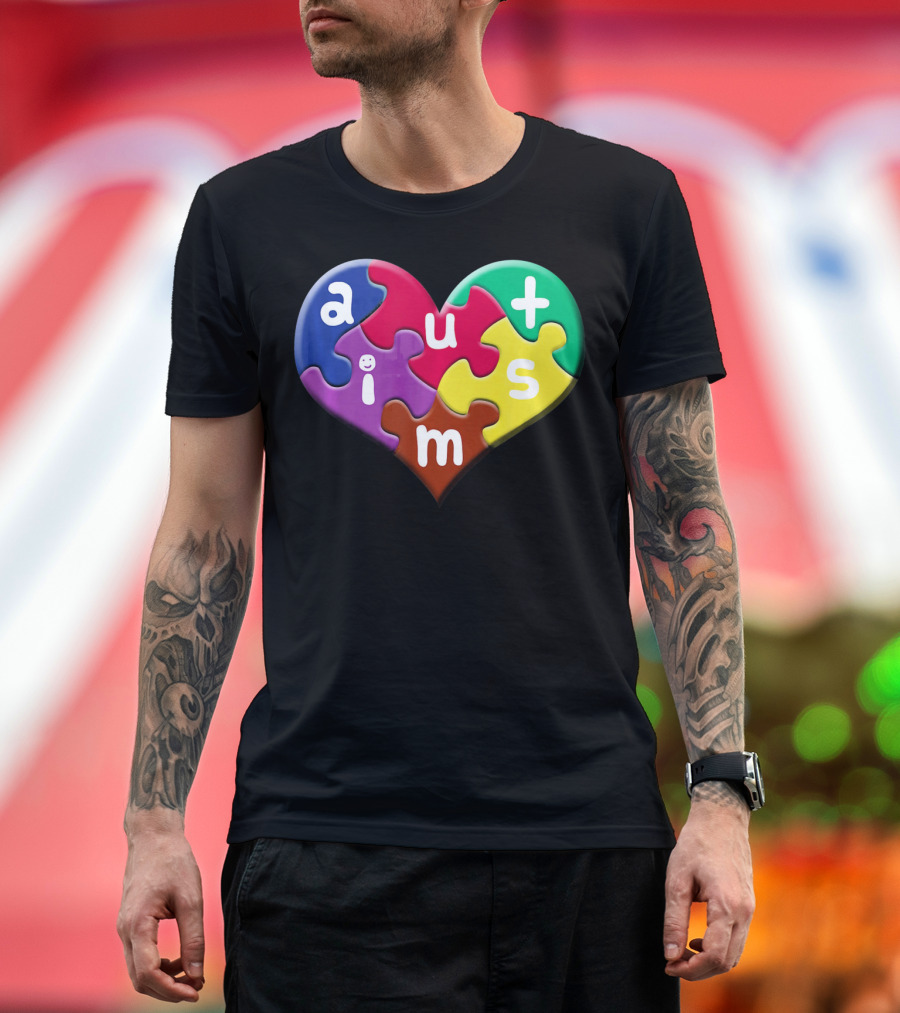 Autism Awareness Heart Puzzle Pieces Love Smile Colorful T-Shirt