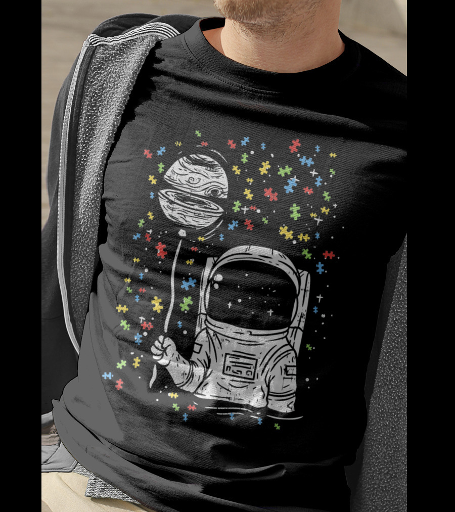 Astronaut Holding Planet Balloon With Puzzle Pieces For Autism Awareness T-Shirt