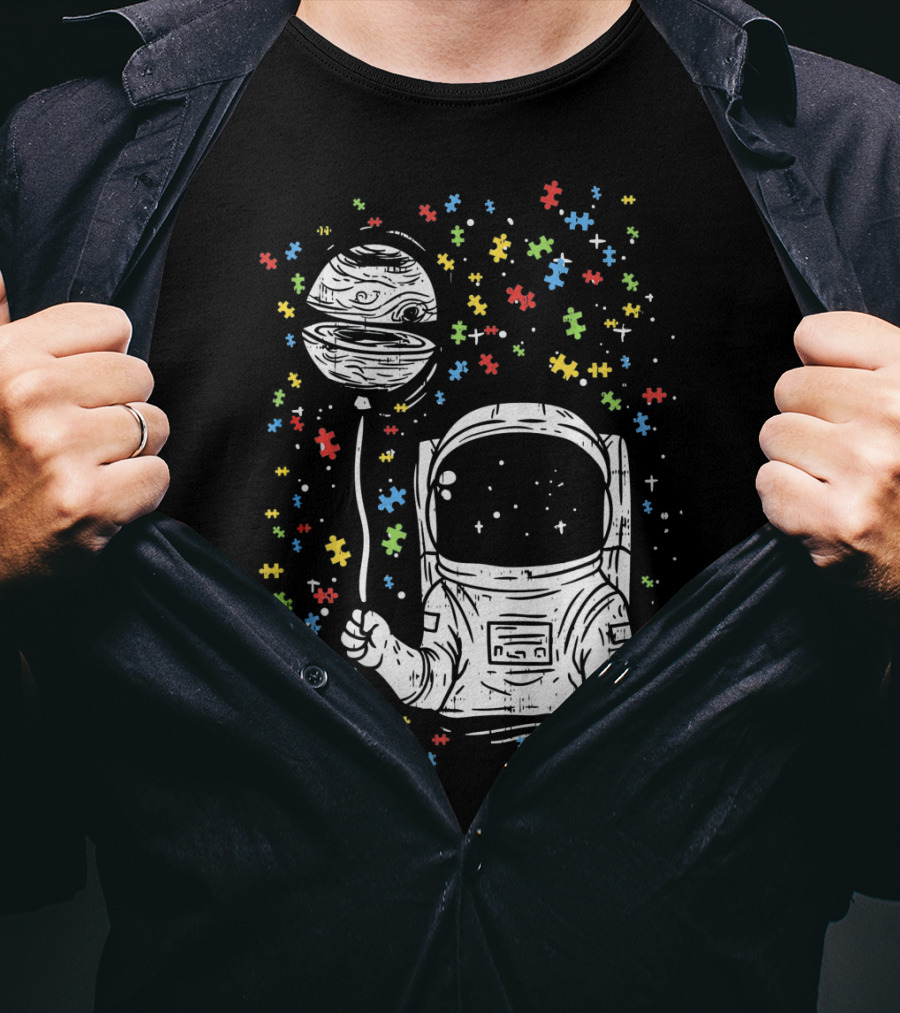 Astronaut Holding Planet Balloon With Puzzle Pieces For Autism Awareness T-Shirt