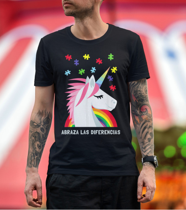 Premium T-Shirt: Abraza Las Diferencias Autism Awareness Spanish Unicorn Puzzle Pieces T-Shirt Abraza Las Diferencias Autism Awareness Spanish Unicorn Puzzle Pieces T-Shirt