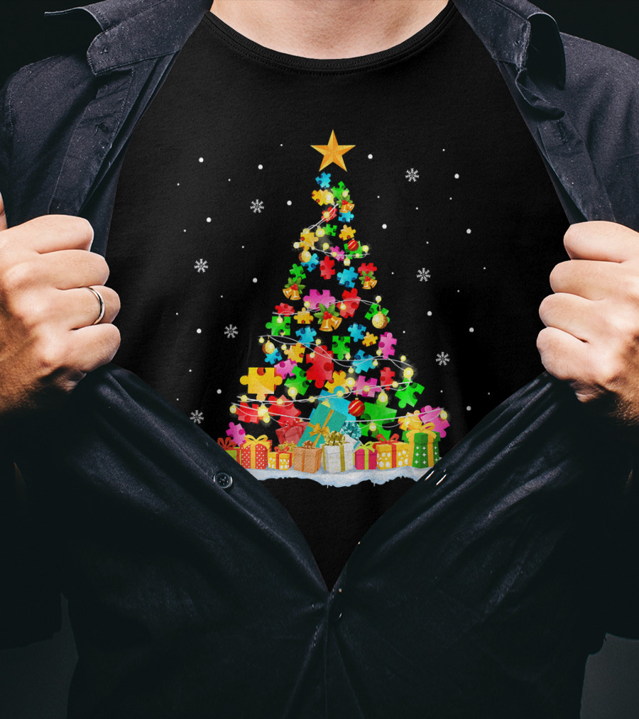 Autism Awareness Puzzle Piece Christmas Tree Holiday T-Shirt