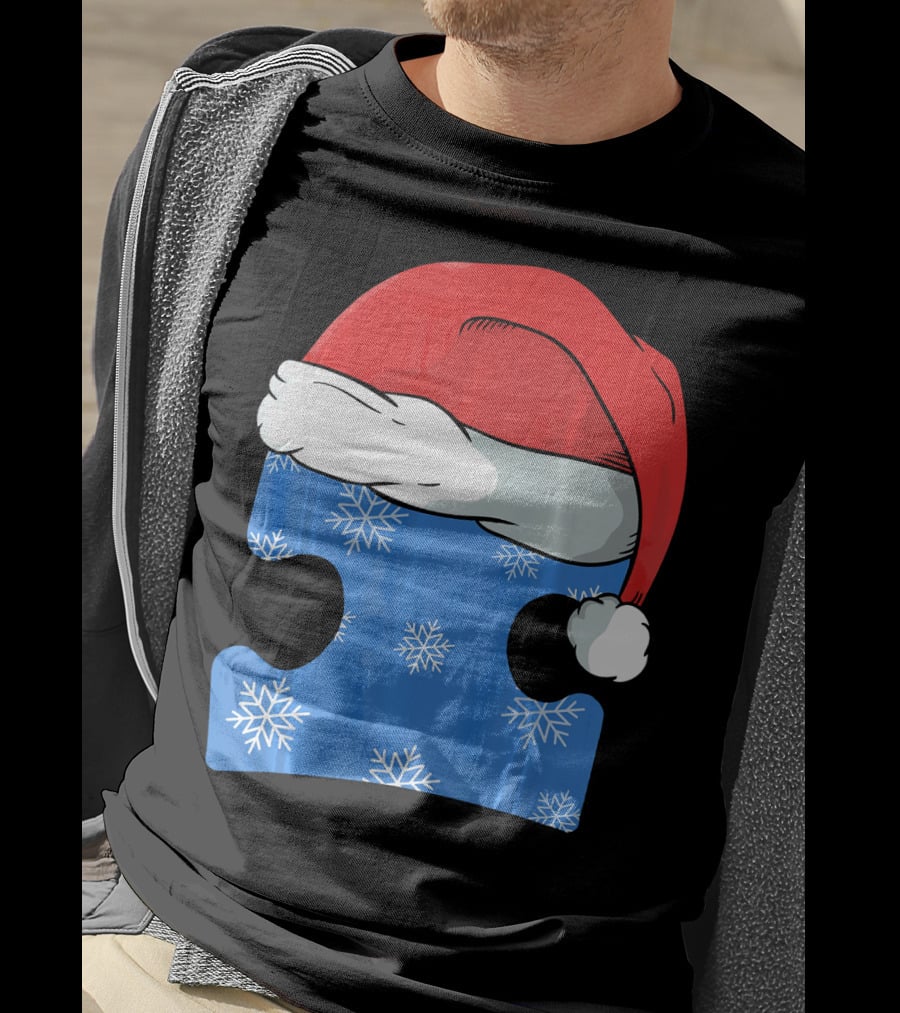 Autism Awareness Puzzle Piece Blue Snowflake Santa Hat T-Shirt