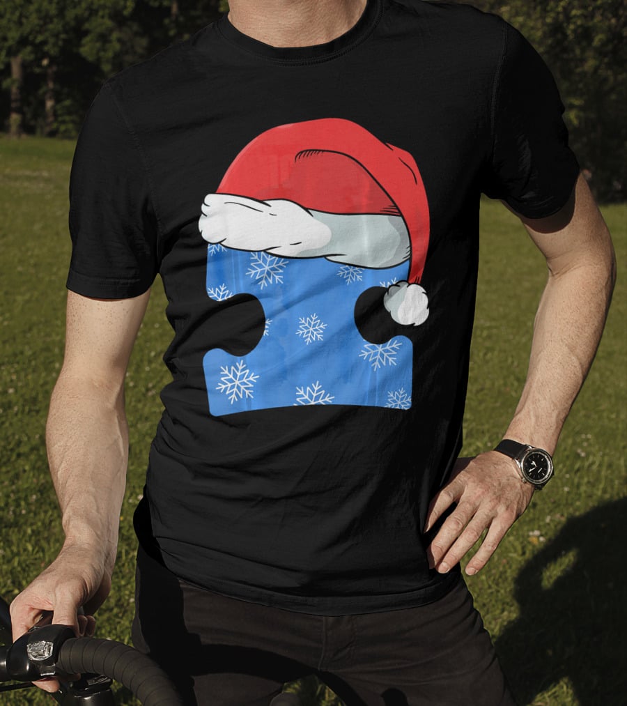 Autism Awareness Puzzle Piece Blue Snowflake Santa Hat T-Shirt