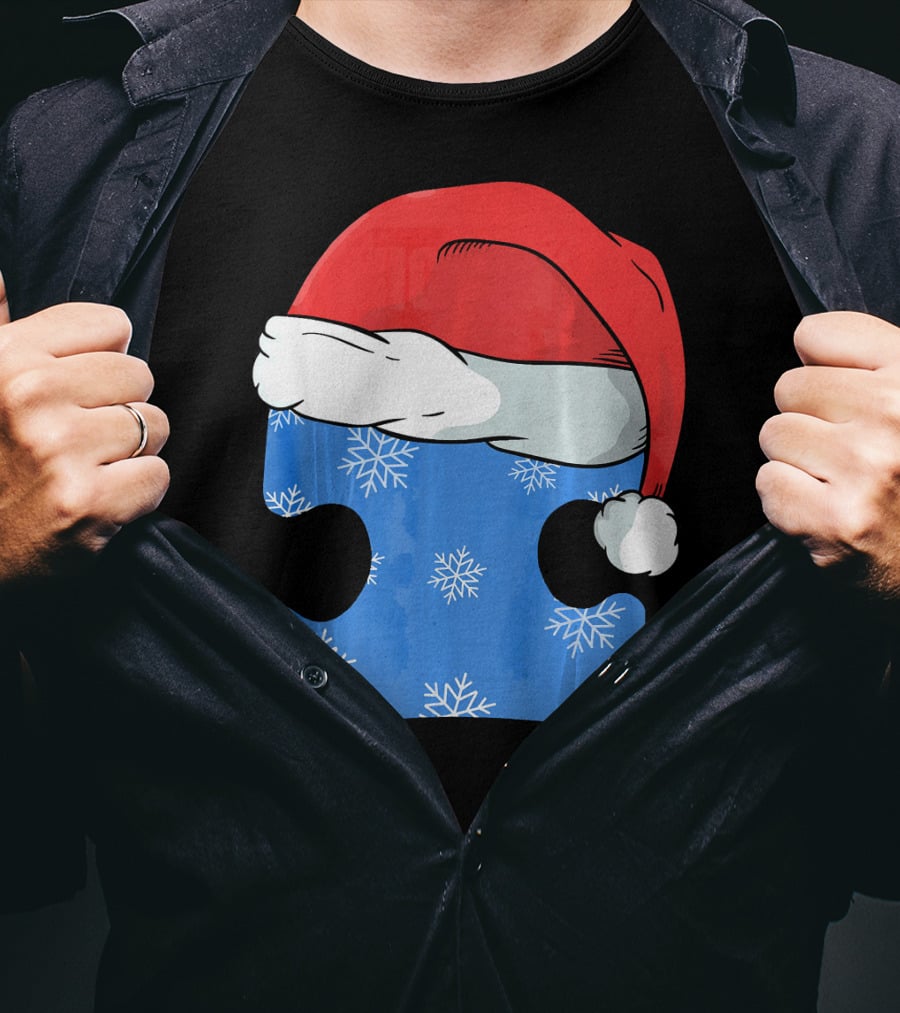 Autism Awareness Puzzle Piece Blue Snowflake Santa Hat T-Shirt