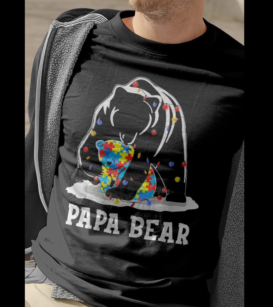 Papa Bear Puzzle Piece Autism Awareness Lights T-Shirt