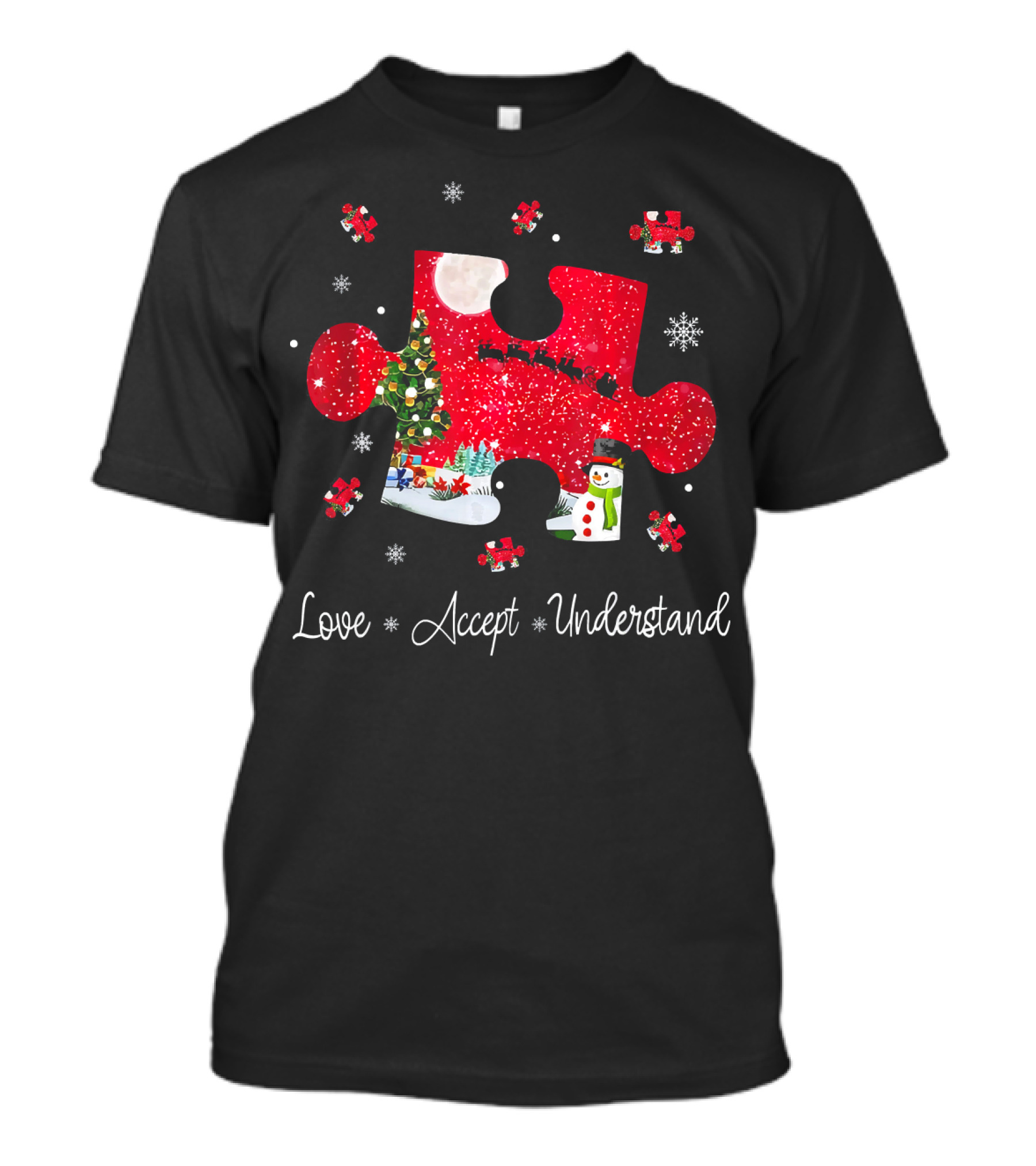 Love Accept Understand Autism Awareness Christmas Puzzle Snowman Santa Sleigh T-Shirt