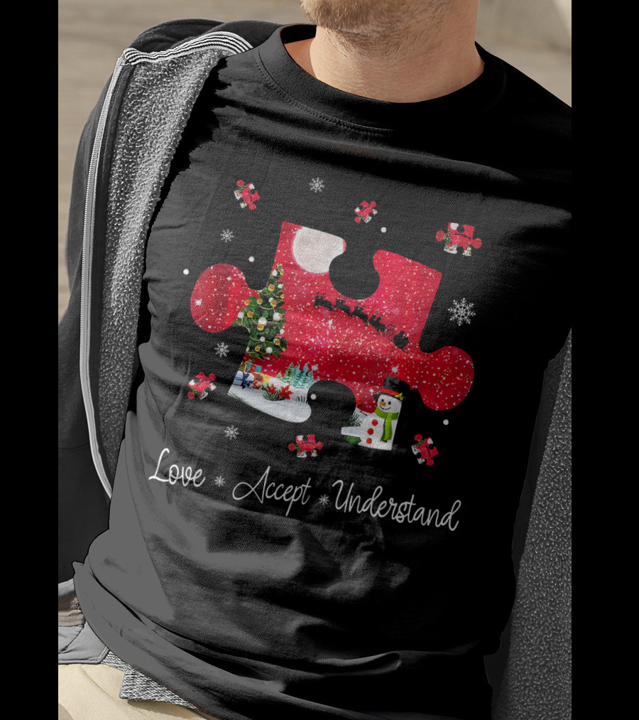 Love Accept Understand Autism Awareness Christmas Puzzle Snowman Santa Sleigh T-Shirt