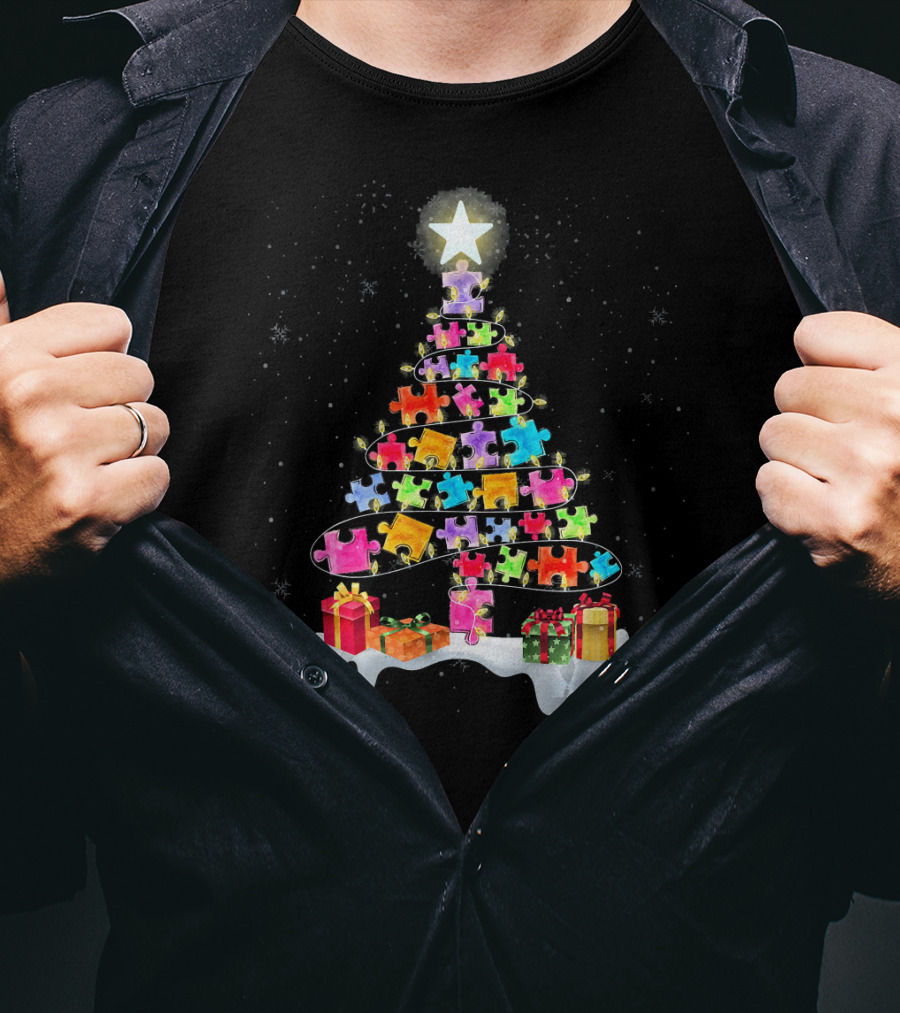Autism Awareness Christmas Puzzle Piece Tree With Star And Gifts T-Shirt
