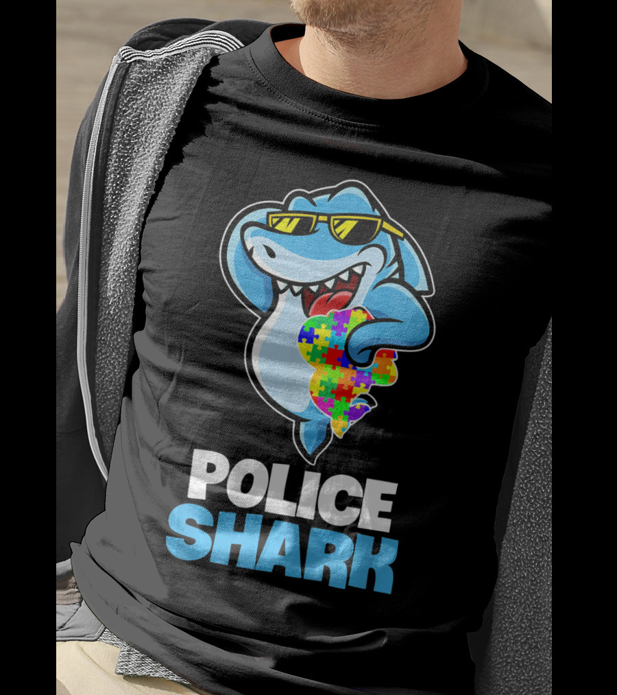 Police Shark Holding Autism Awareness Puzzle Heart T-Shirt