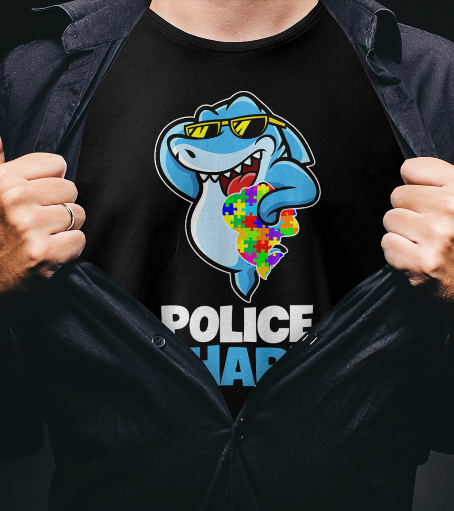 Police Shark Holding Autism Awareness Puzzle Heart T-Shirt