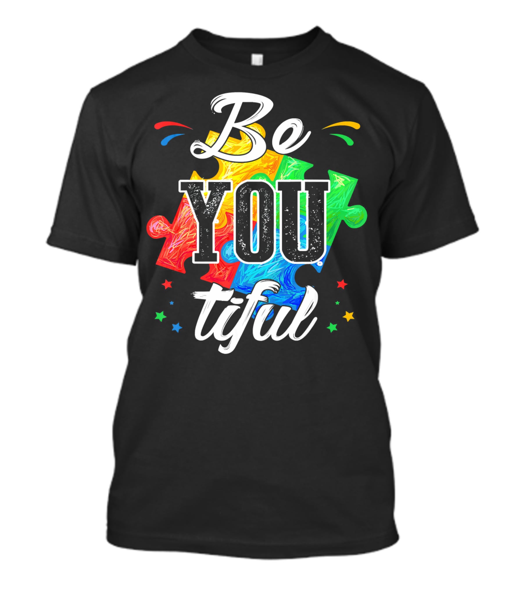 Be You Tiful Autism Awareness Colorful Puzzle Pieces With Stars T-Shirt