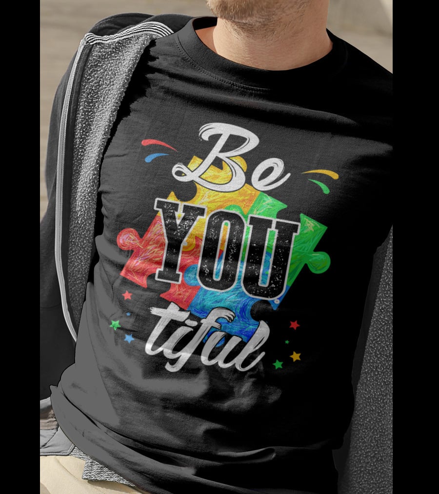 Be You Tiful Autism Awareness Colorful Puzzle Pieces With Stars T-Shirt