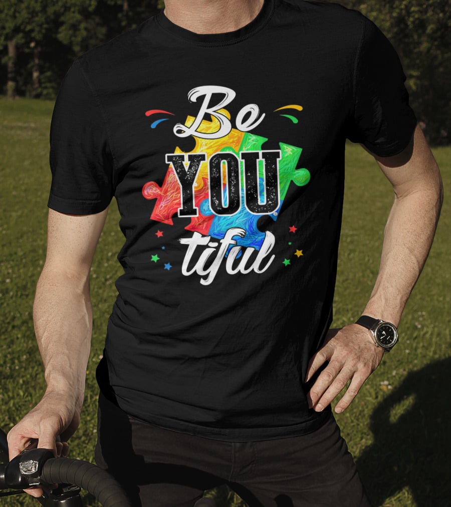 Be You Tiful Autism Awareness Colorful Puzzle Pieces With Stars T-Shirt