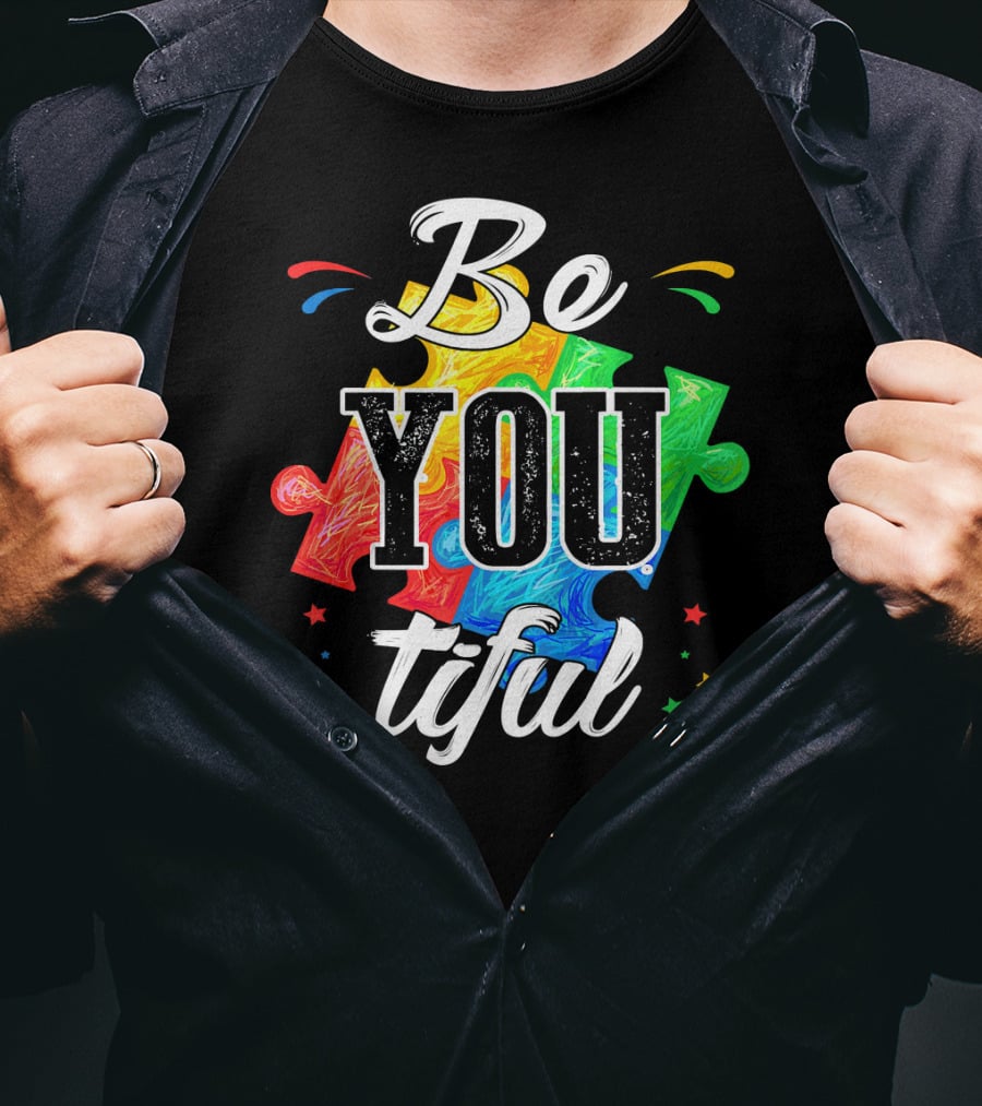 Be You Tiful Autism Awareness Colorful Puzzle Pieces With Stars T-Shirt
