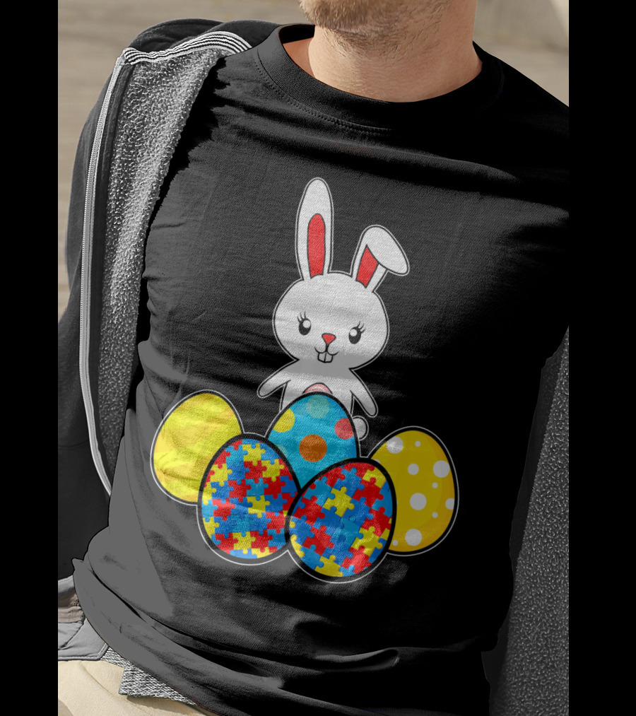 Easter Bunny With Autism Awareness Puzzle Pattern Eggs T-Shirt