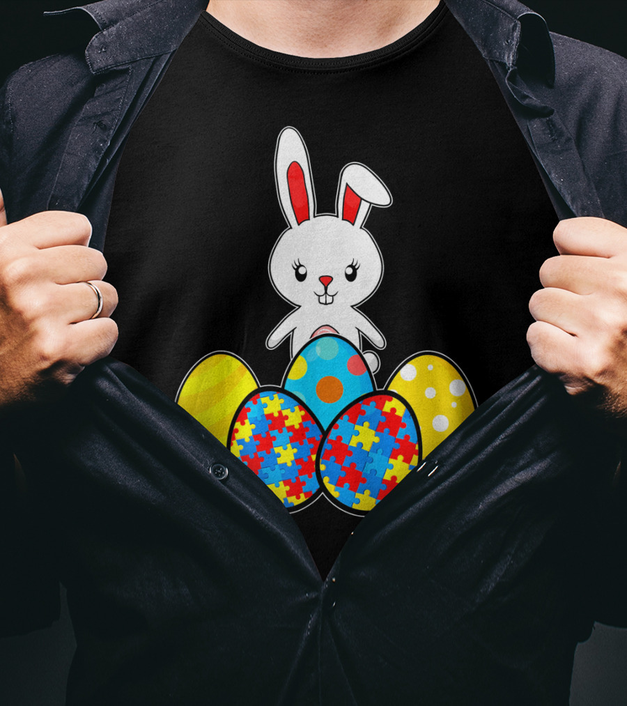 Easter Bunny With Autism Awareness Puzzle Pattern Eggs T-Shirt