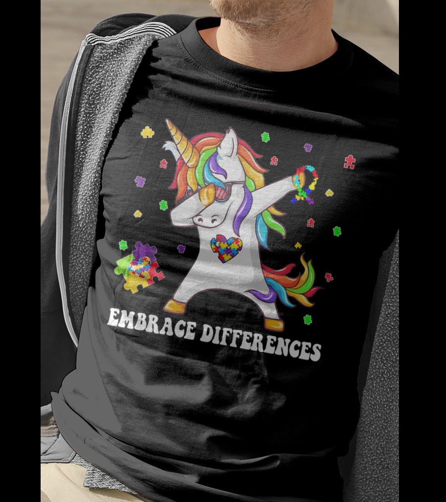 Embrace Differences Unicorn Autism Aware Puzzle Pieces T-Shirt