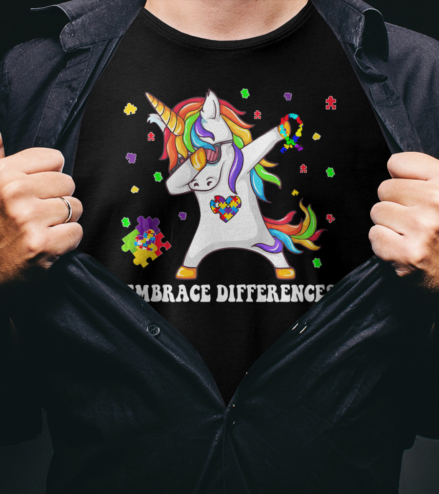Embrace Differences Unicorn Autism Aware Puzzle Pieces T-Shirt