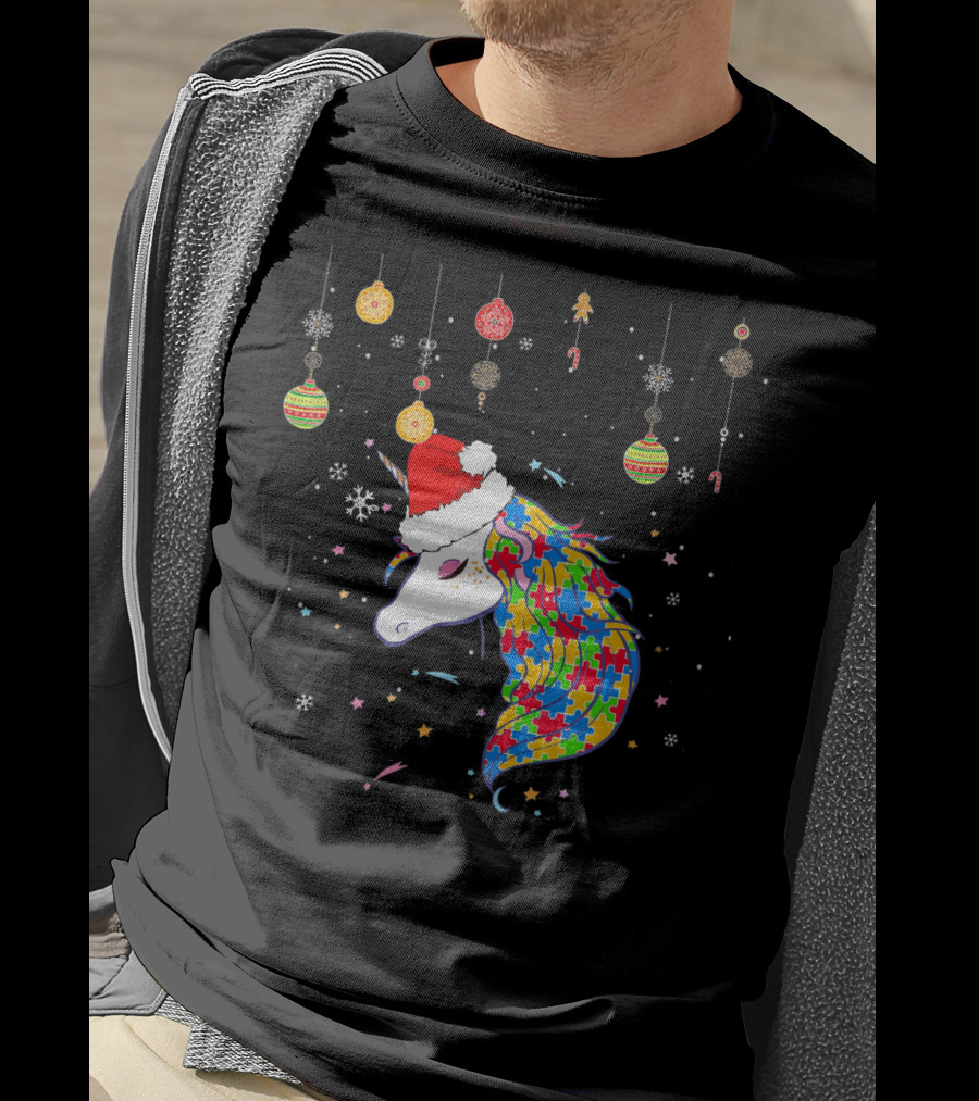 Christmas Unicorn Santa Hat Autism Puzzle T-Shirt