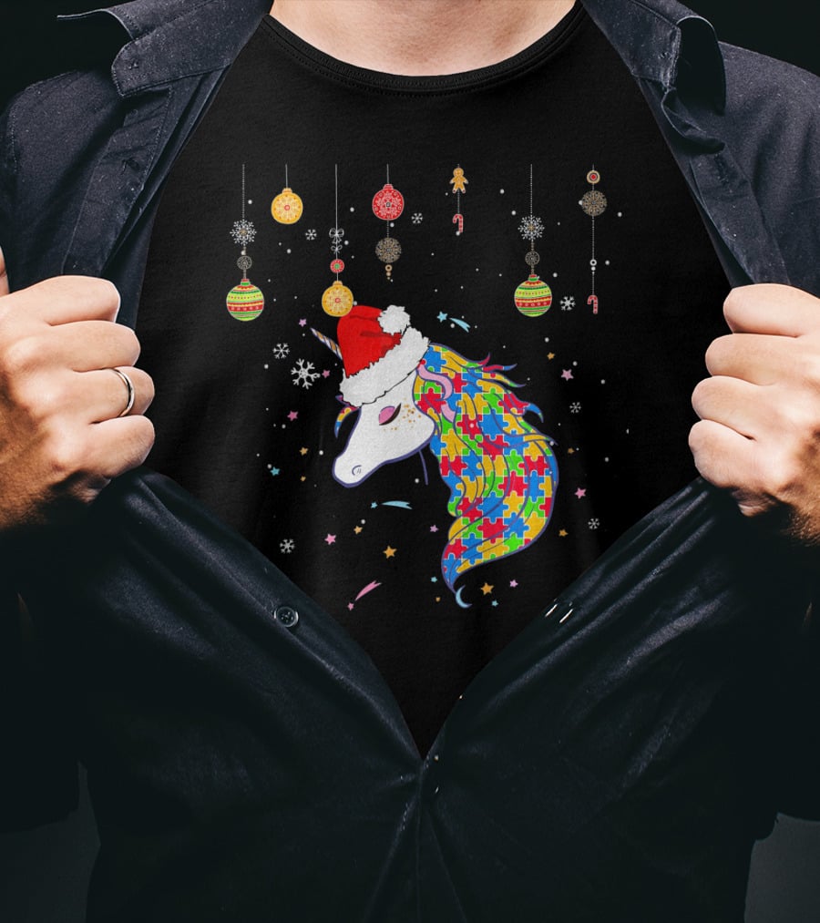 Christmas Unicorn Santa Hat Autism Puzzle T-Shirt