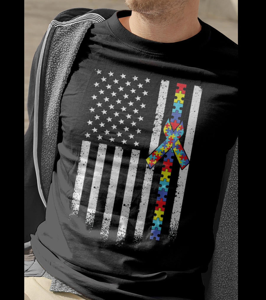 Autism Awareness American Flag With Puzzle Piece T-Shirt