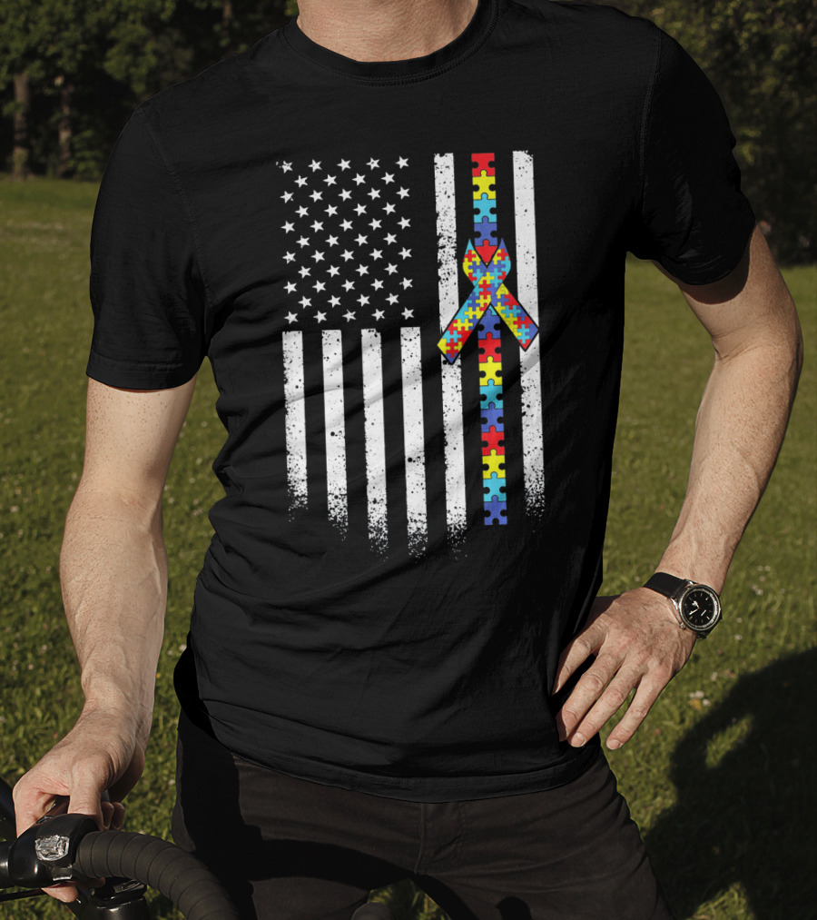 Autism Awareness American Flag With Puzzle Piece T-Shirt