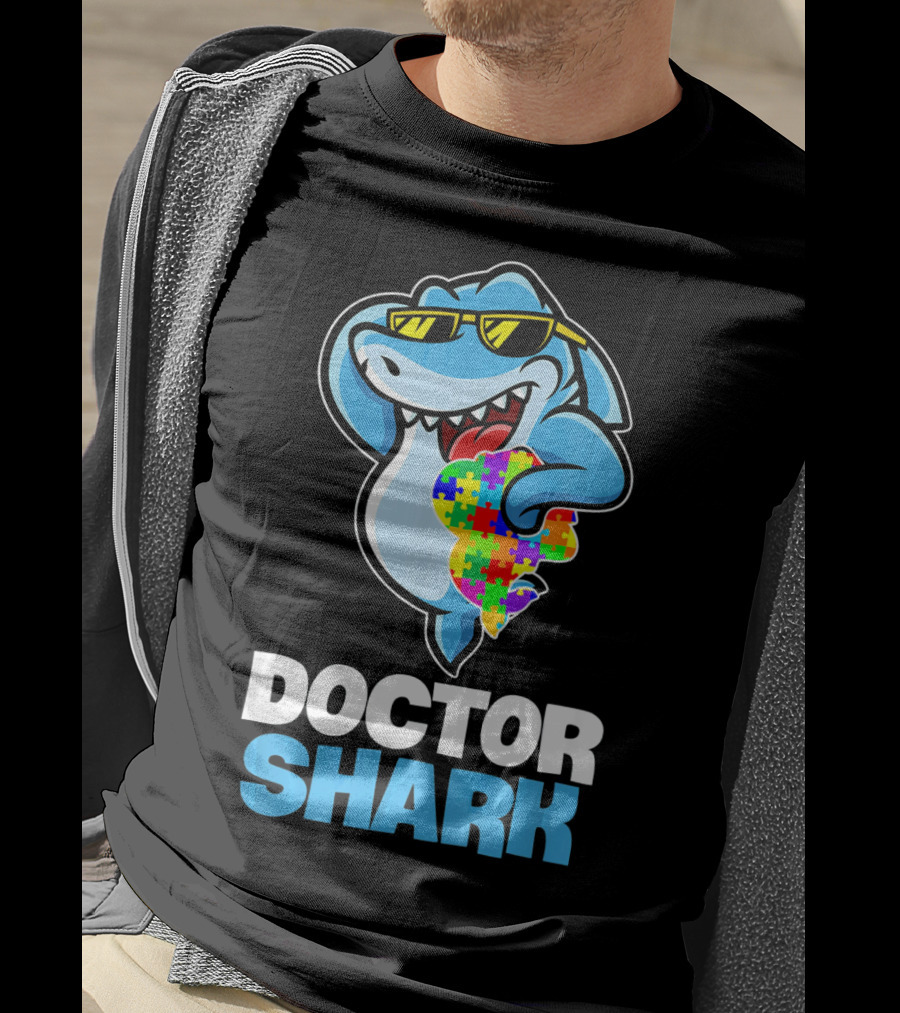Doctor Shark Sunglasses Holding Autism Puzzle Heart T-Shirt