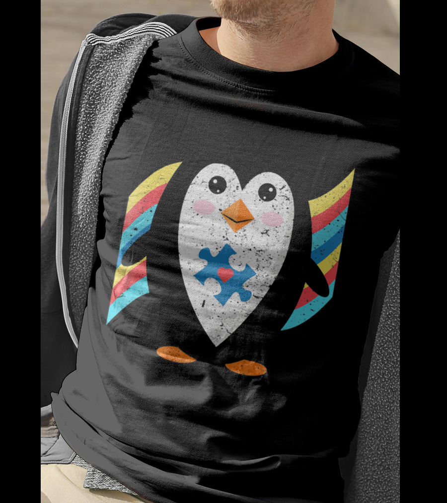 Cute Penguin Autism Awareness Heart Puzzle T-Shirt