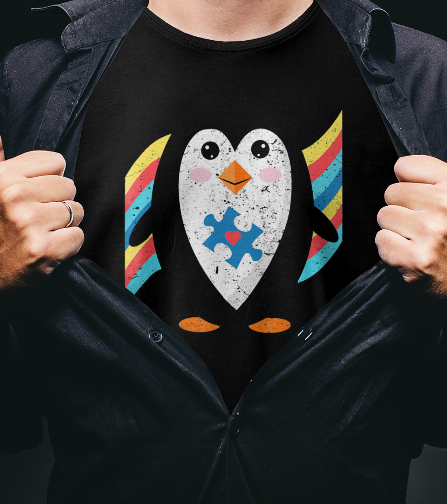 Cute Penguin Autism Awareness Heart Puzzle T-Shirt
